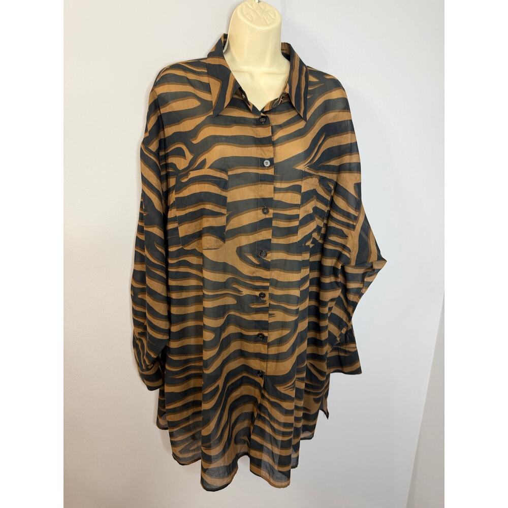 Marina Renaldi Sheer Oversized Zebra Print button-down Shirt Tunic Cotton Sz 18 - Picture 4 of 11